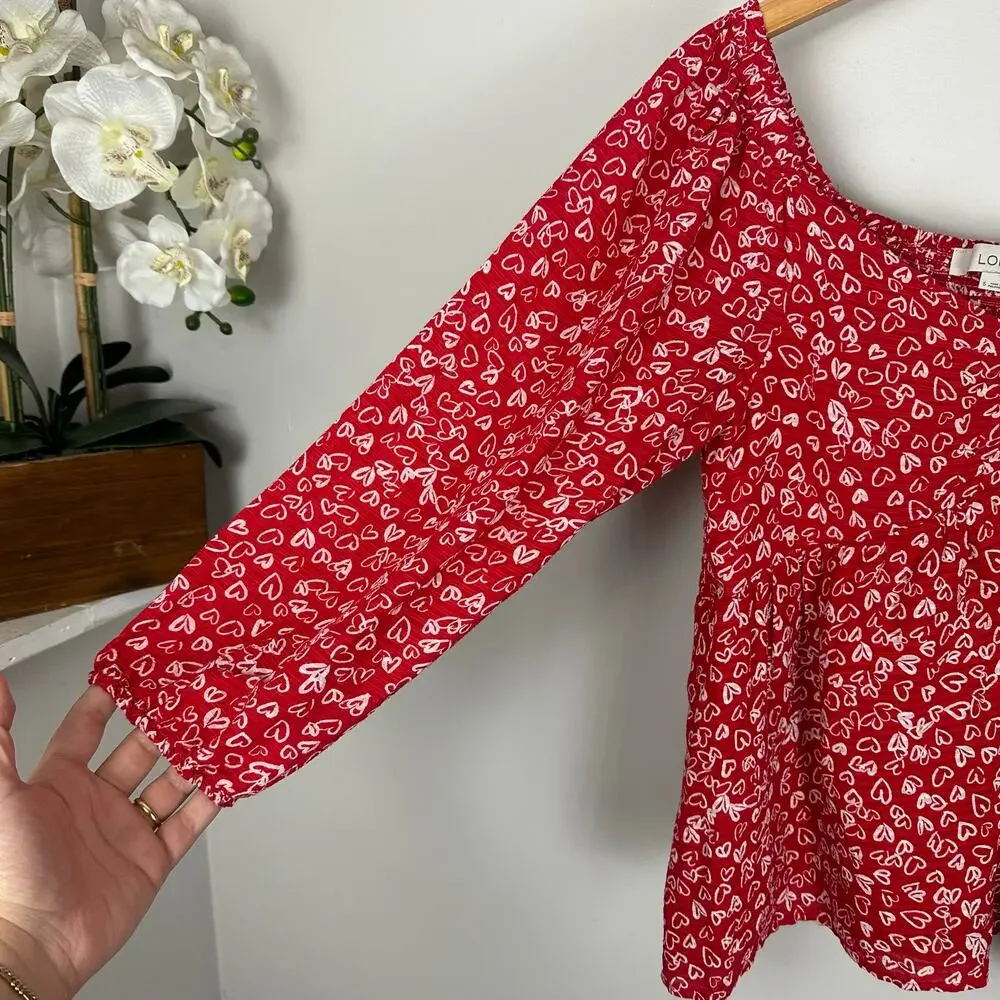 Loft Cotton Blend Heart Allover Print Peplum Blouse Balloon sleeve Size 6